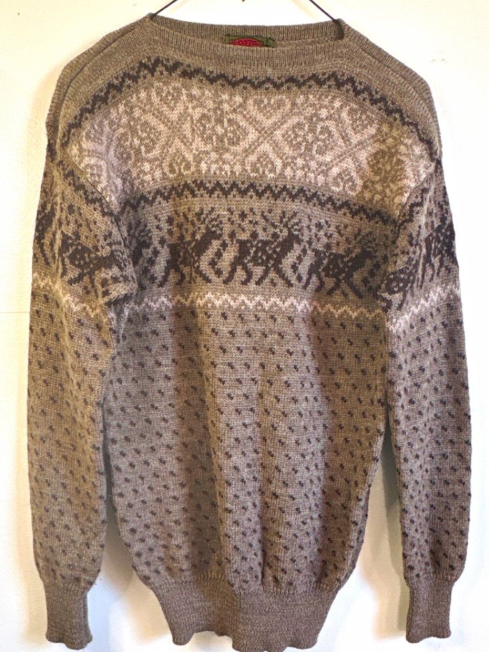 VTG Boston Traders Mens M Brown Wool Knit Fair Isle Reindeer Crewneck Pullover